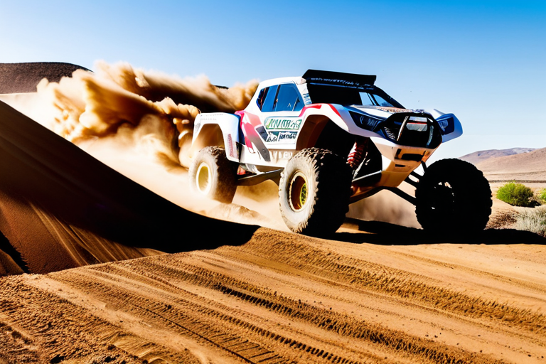 Off-road truck navigating combination of motocross jumps and desert terrain